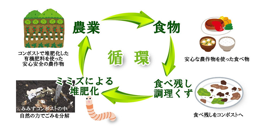 農業 → 食物 → 食べ残し・調理くず → ミミズによる堆肥化